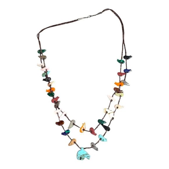 Vintage Zuni Double Strand Bird Fetish Turquoise Bear Necklace Multi-Stone 28" - Picture 5 of 12